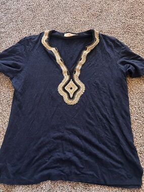 Tory Burch Navy Short-Sleeve Top with Gold Embellished V-Trim